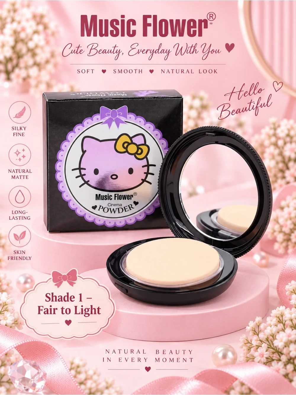 Music Flower x Hello Kitty Matte Powder Compact Choose A or B + Free Puff.NWT